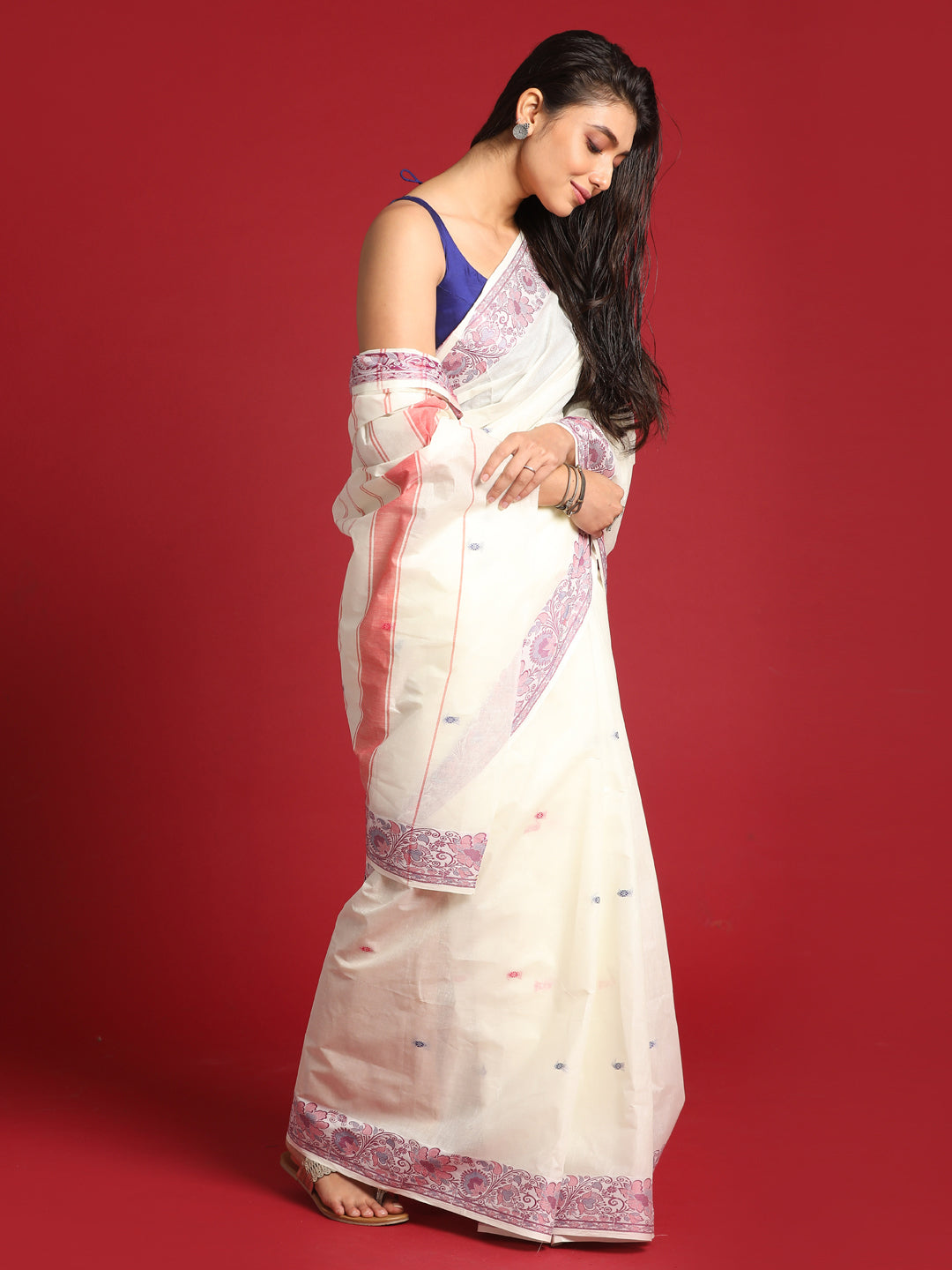 Indethnic White Woven Design Saree - View 3