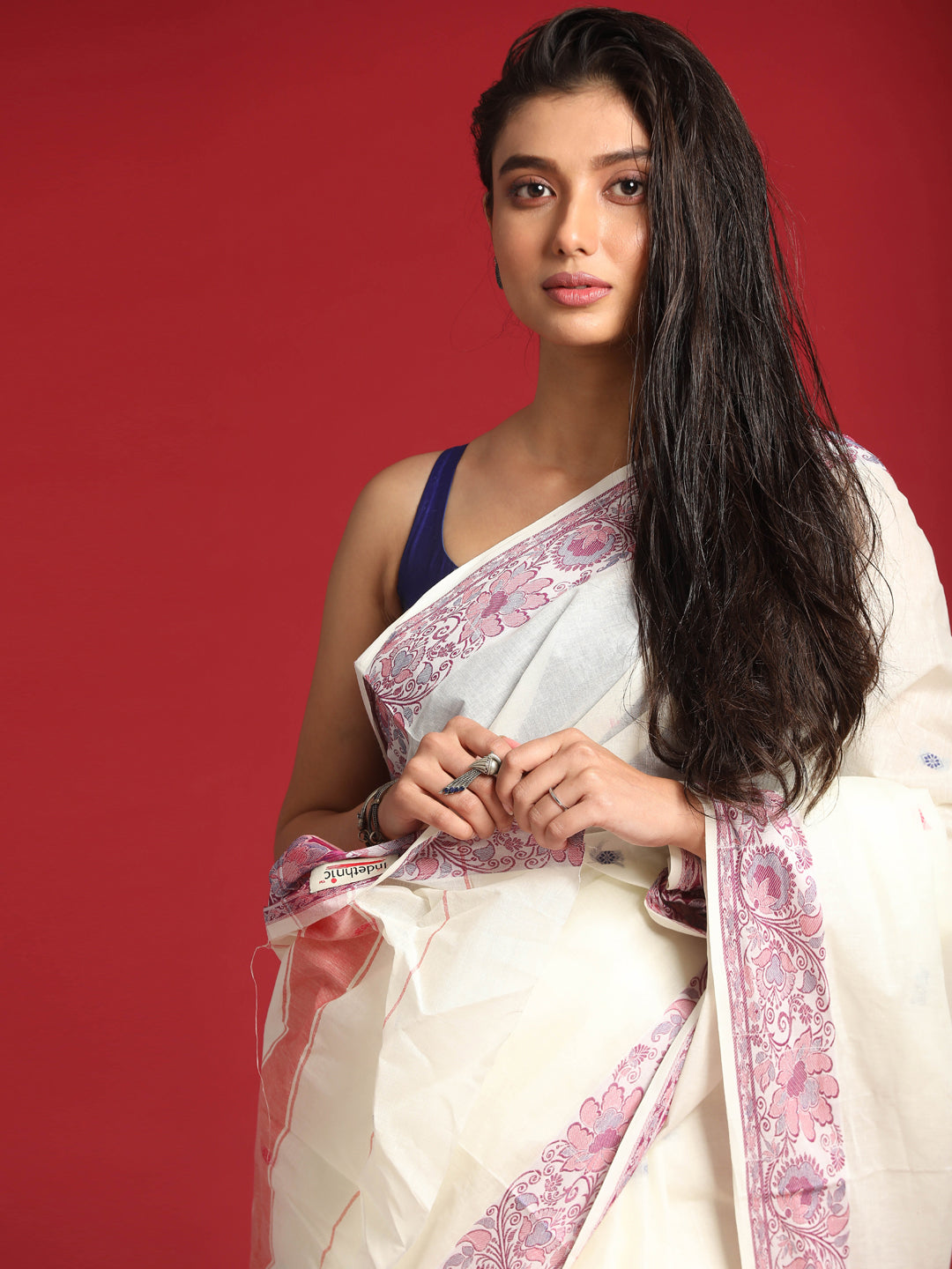 Indethnic White Woven Design Saree - View 1