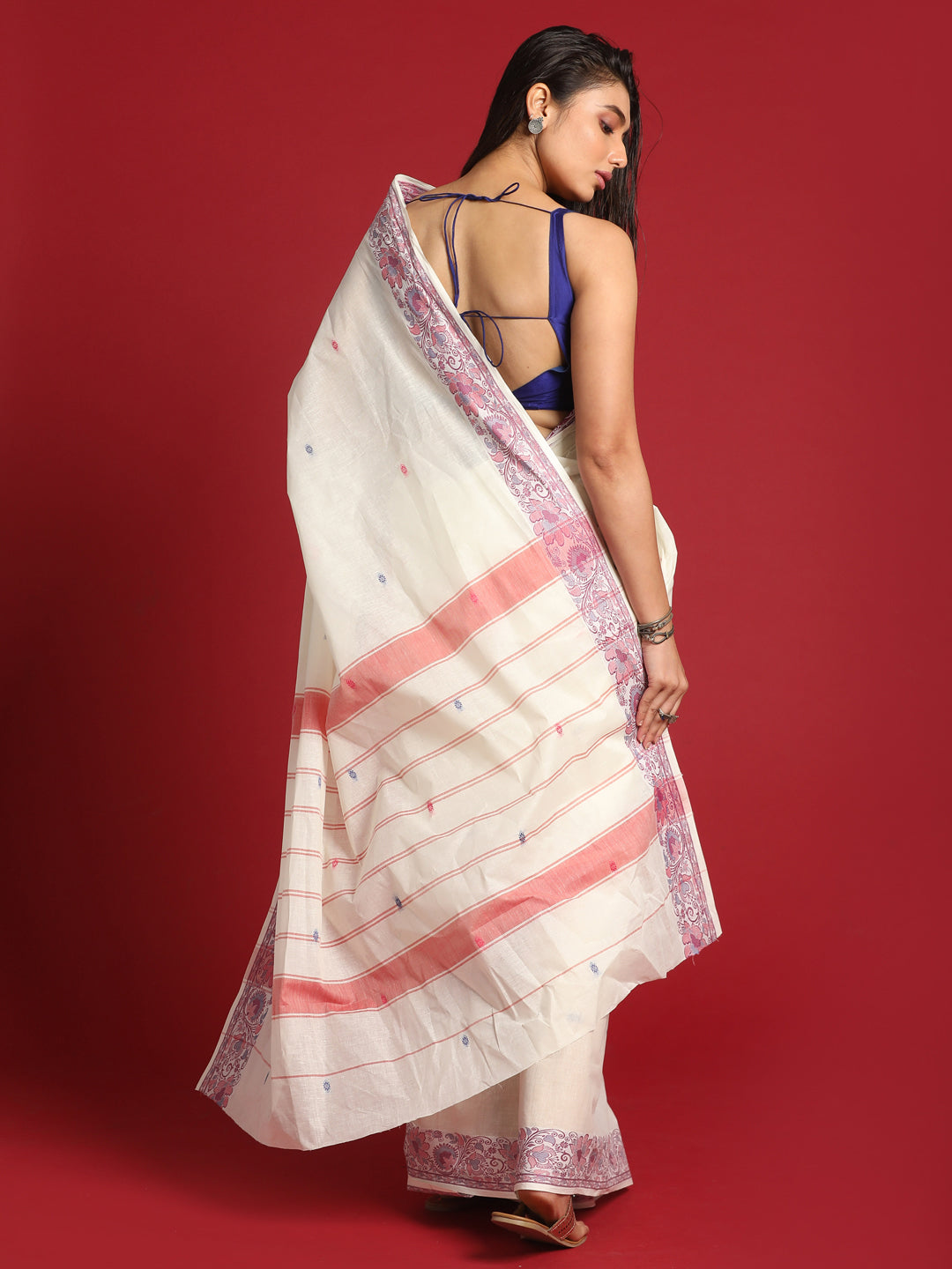 Indethnic White Woven Design Saree - View 3