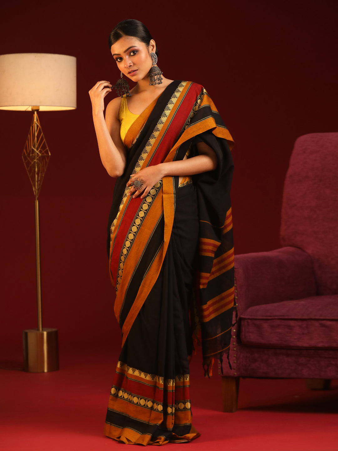 Indethnic Black Solid Saree - View 2