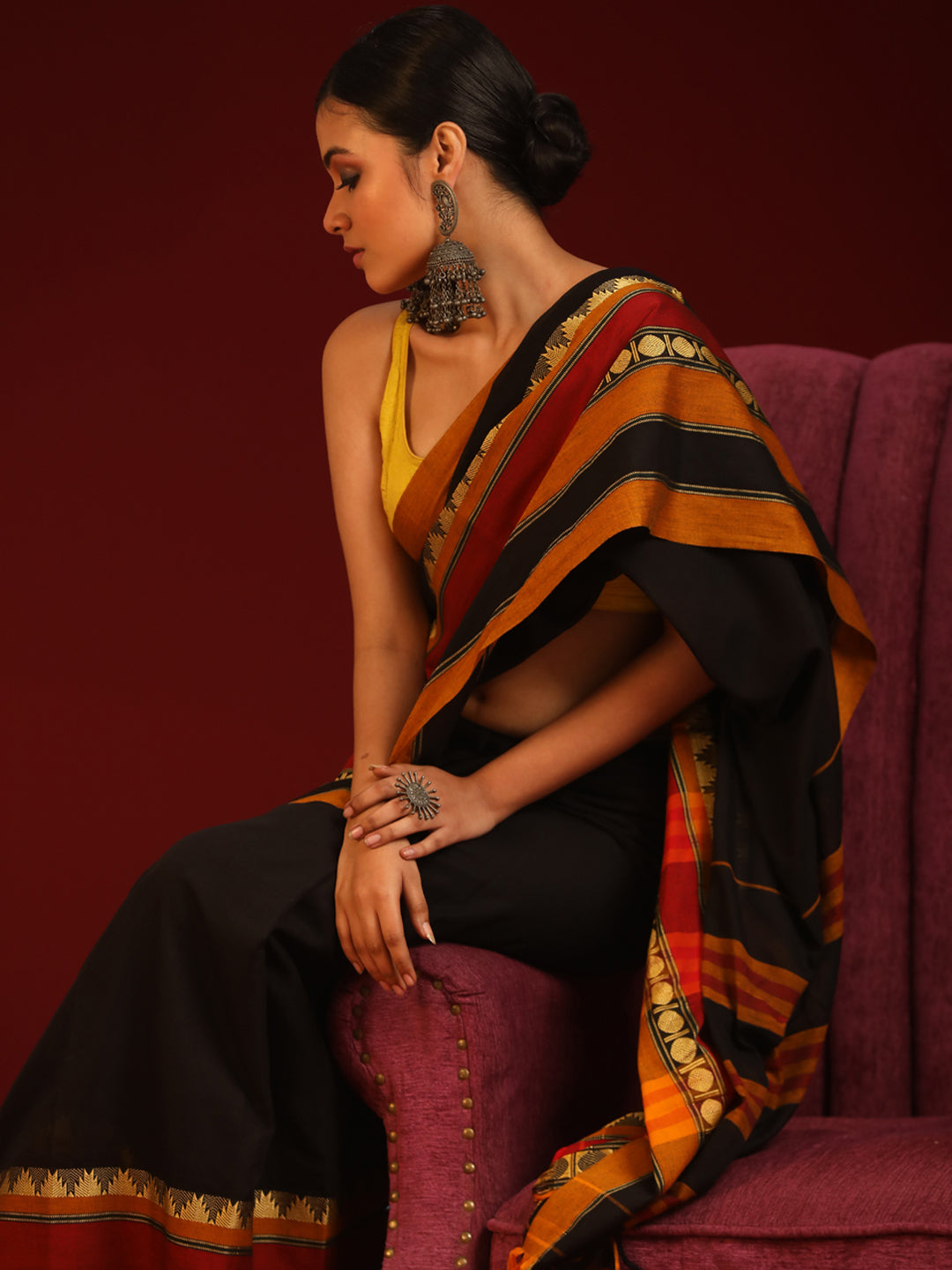 Indethnic Black Solid Saree - View 1