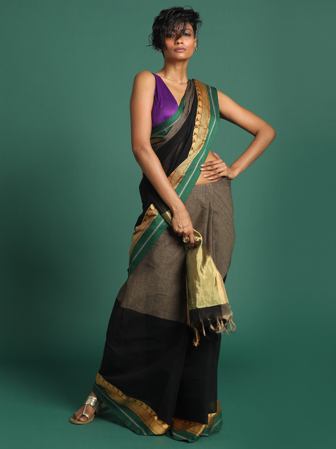 Indethnic Black Solid Saree - View 2