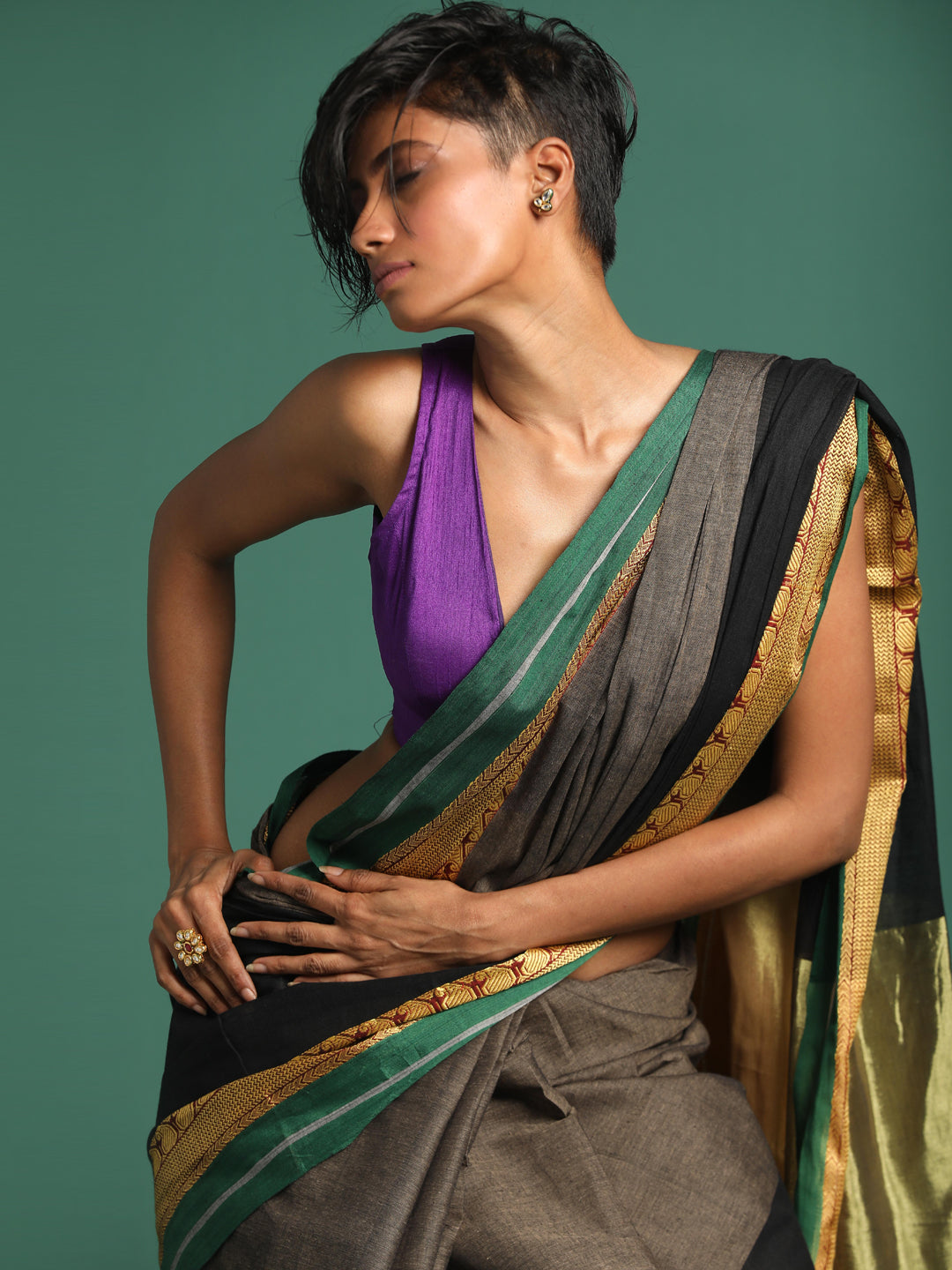 Indethnic Black Solid Saree - View 1