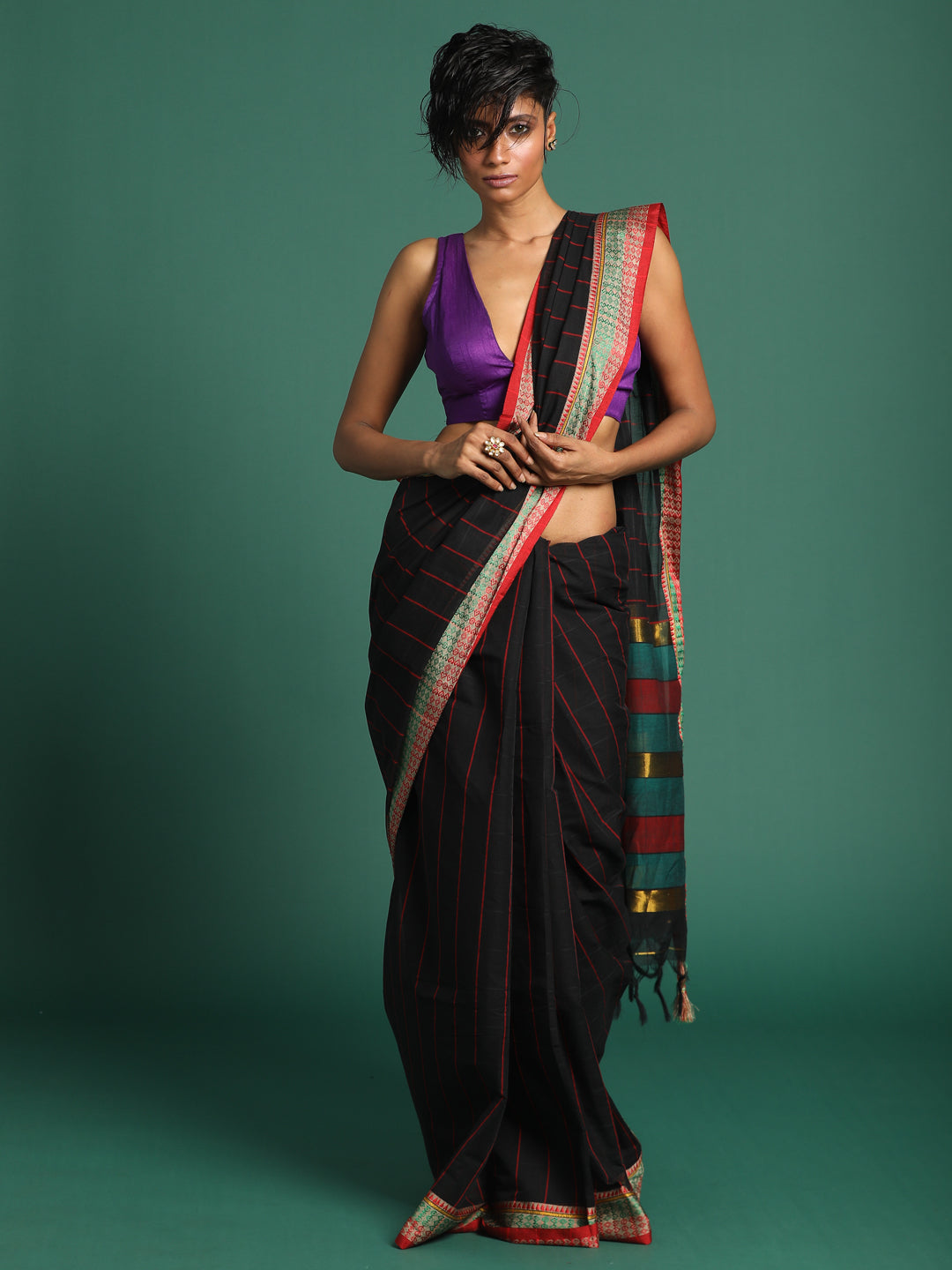 Indethnic Black Checked Saree - View 2