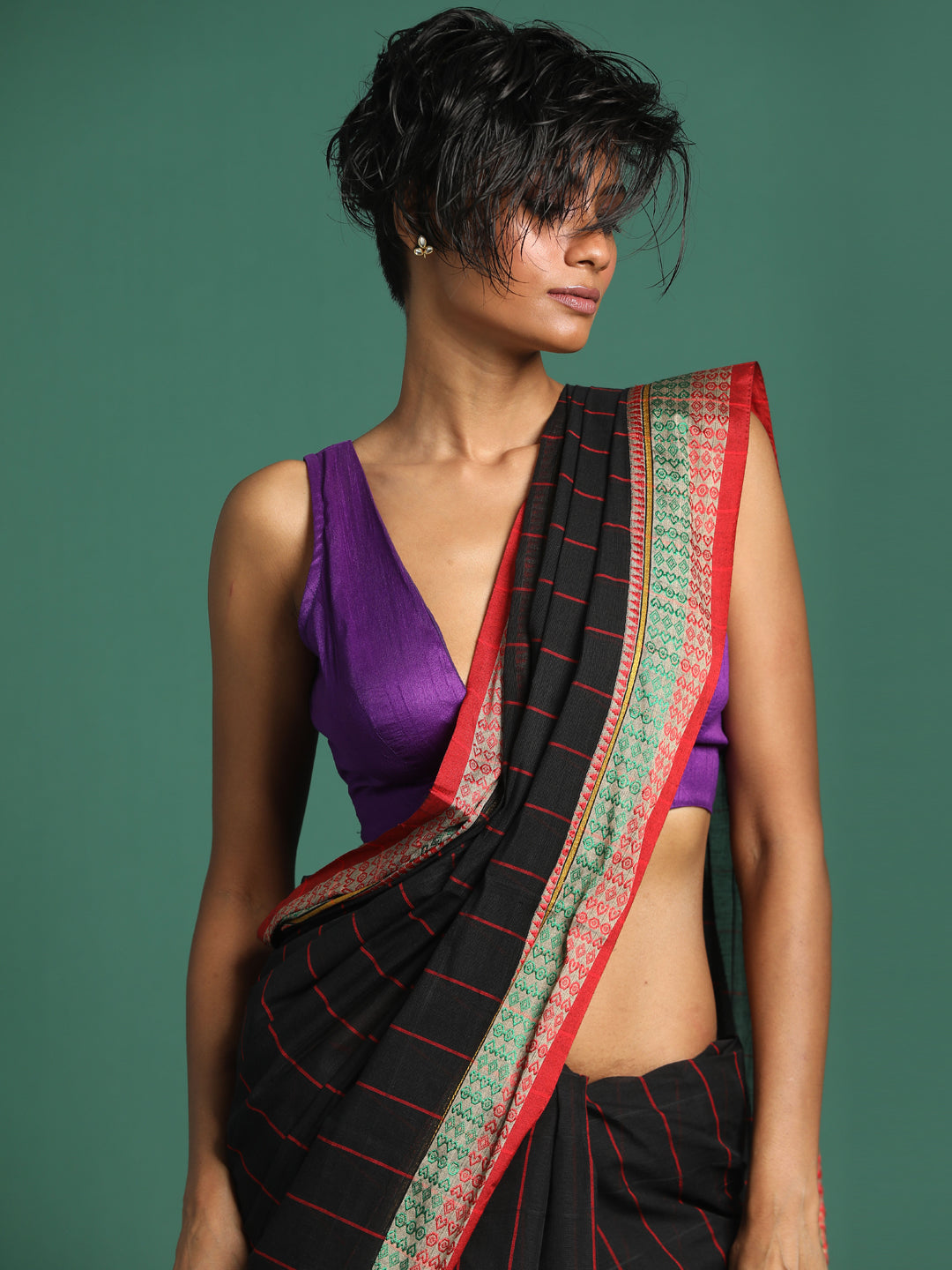 Indethnic Black Checked Saree - View 1