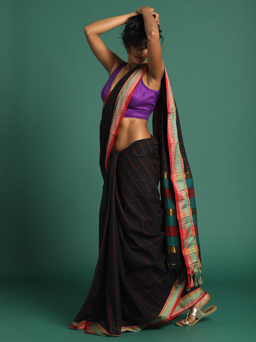 Indethnic Black Checked Saree - View 3