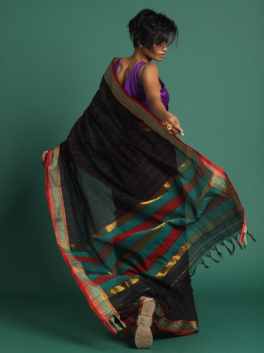 Indethnic Black Checked Saree - View 3