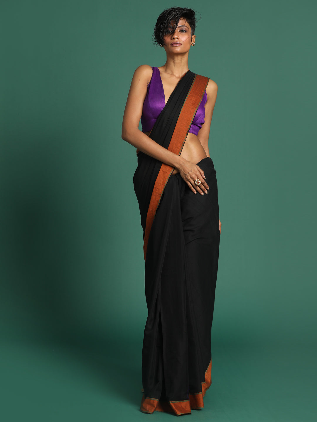 Indethnic Black Solid Saree - View 2