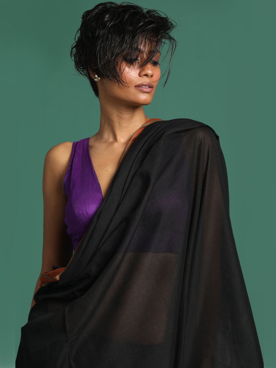 Indethnic Black Solid Saree - View 1