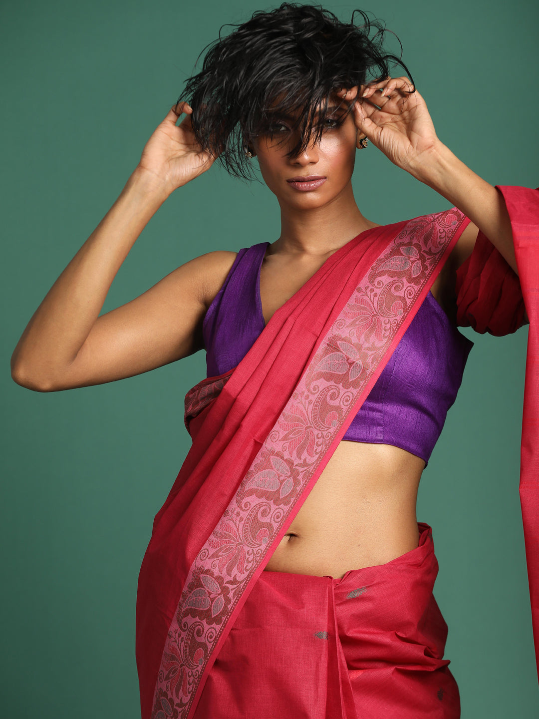 Indethnic Red Woven Design Saree - View 1