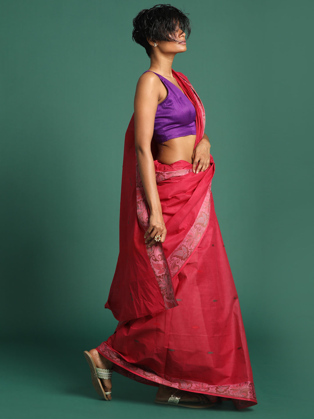 Indethnic Red Woven Design Saree - View 3