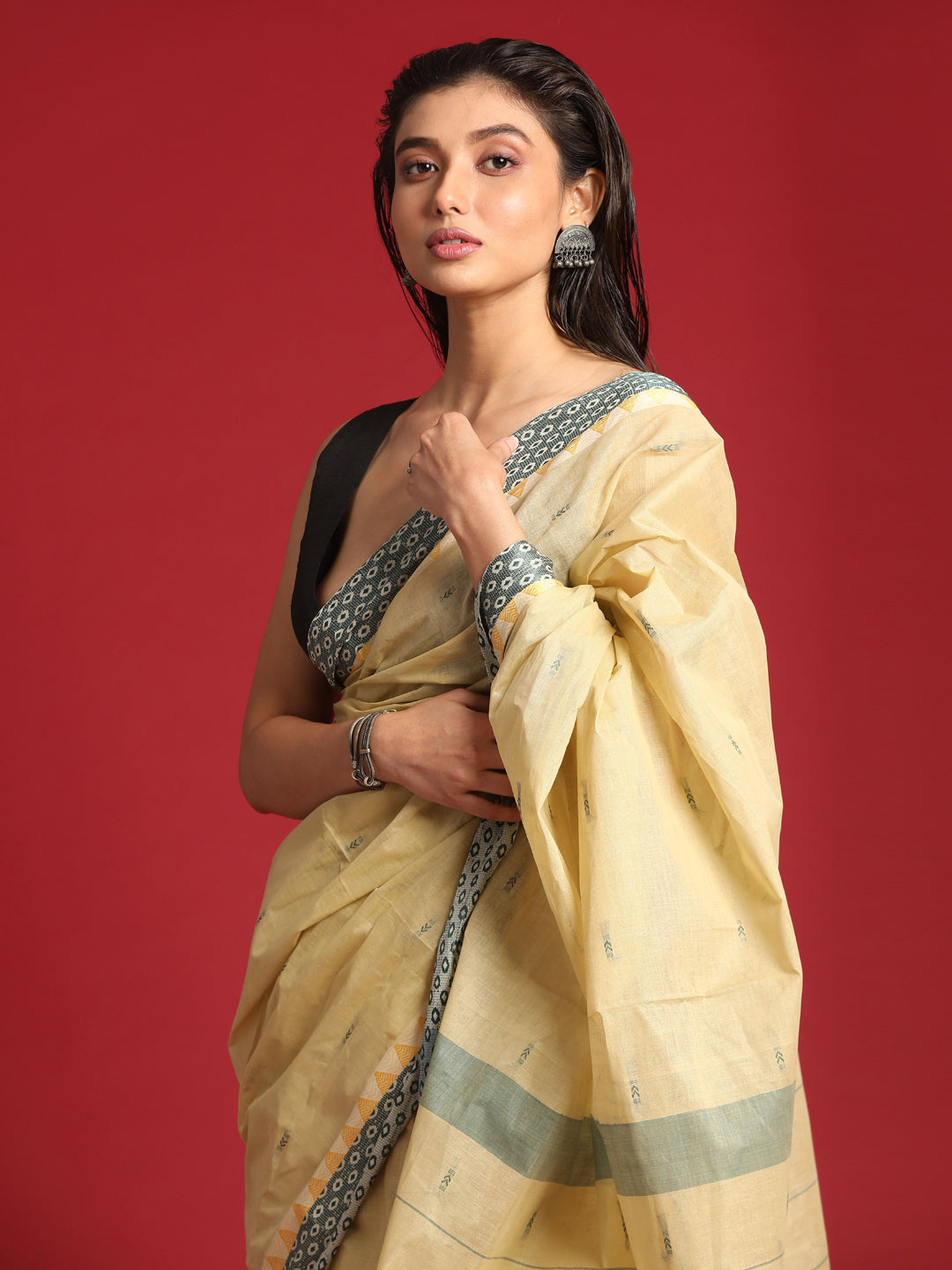 Indethnic Beige Woven Design Saree - View 1