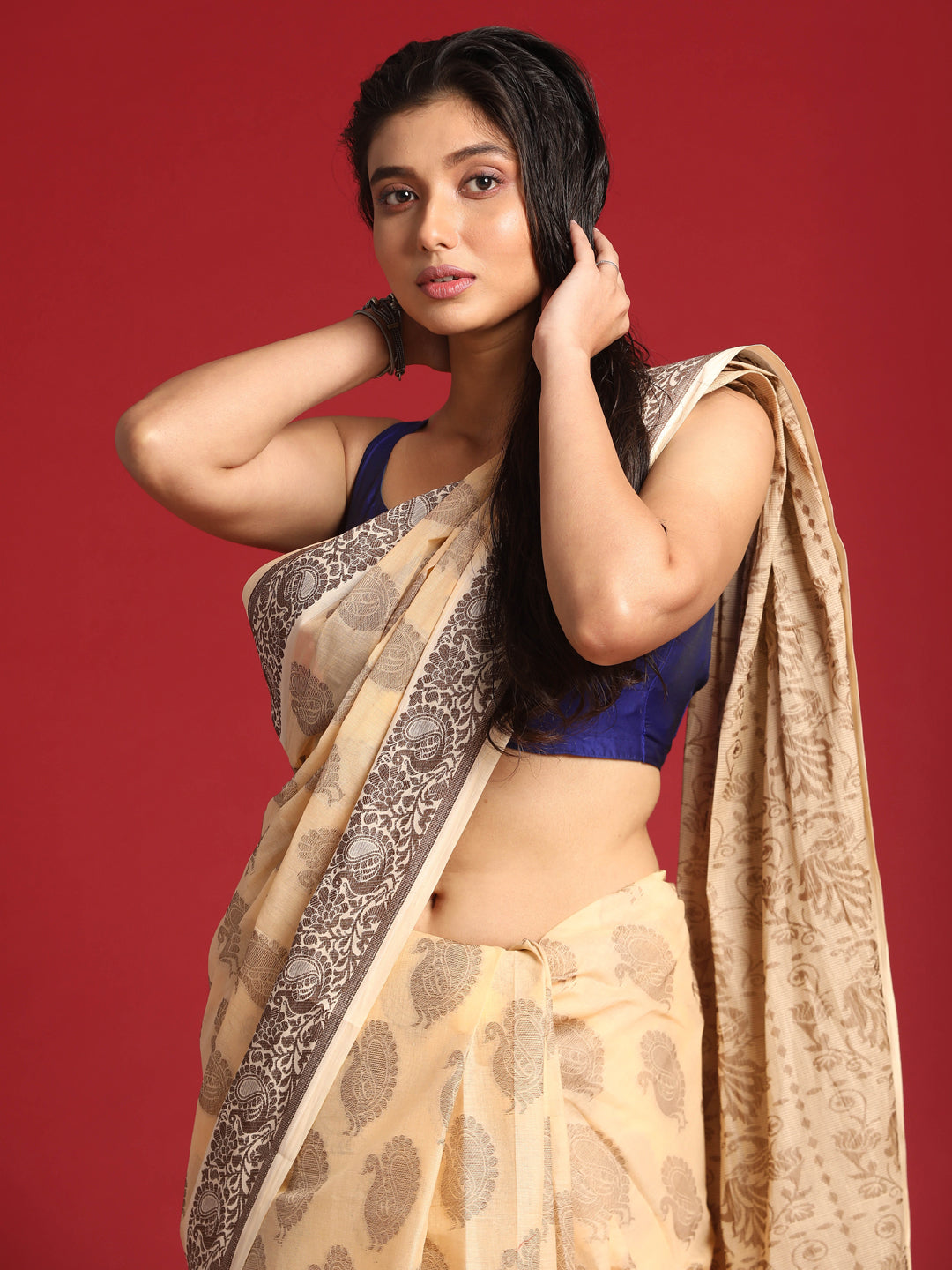 Indethnic Beige Woven Design Saree - View 1