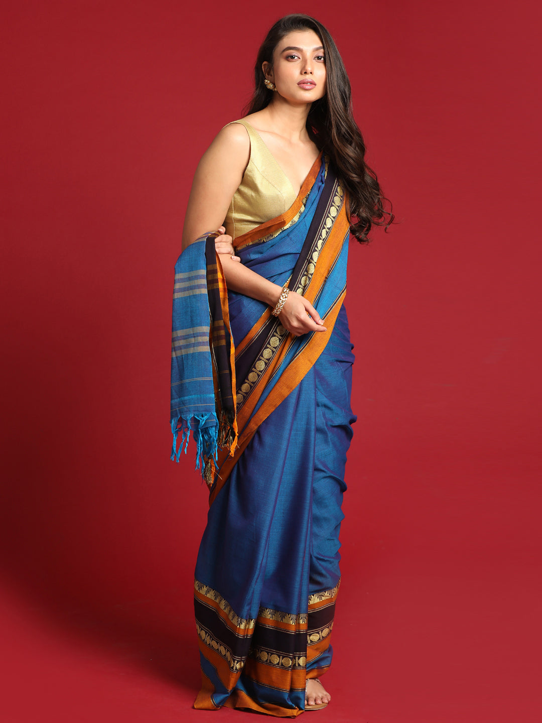 Indethnic Blue Solid Saree - View 2