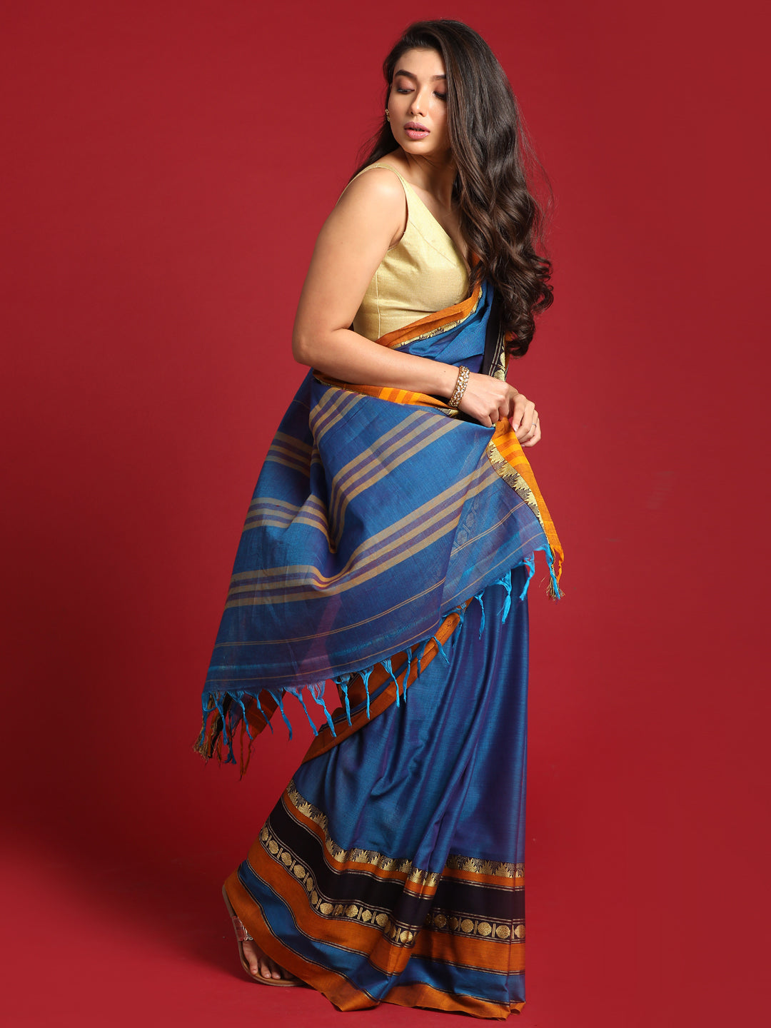 Indethnic Blue Solid Saree - View 3