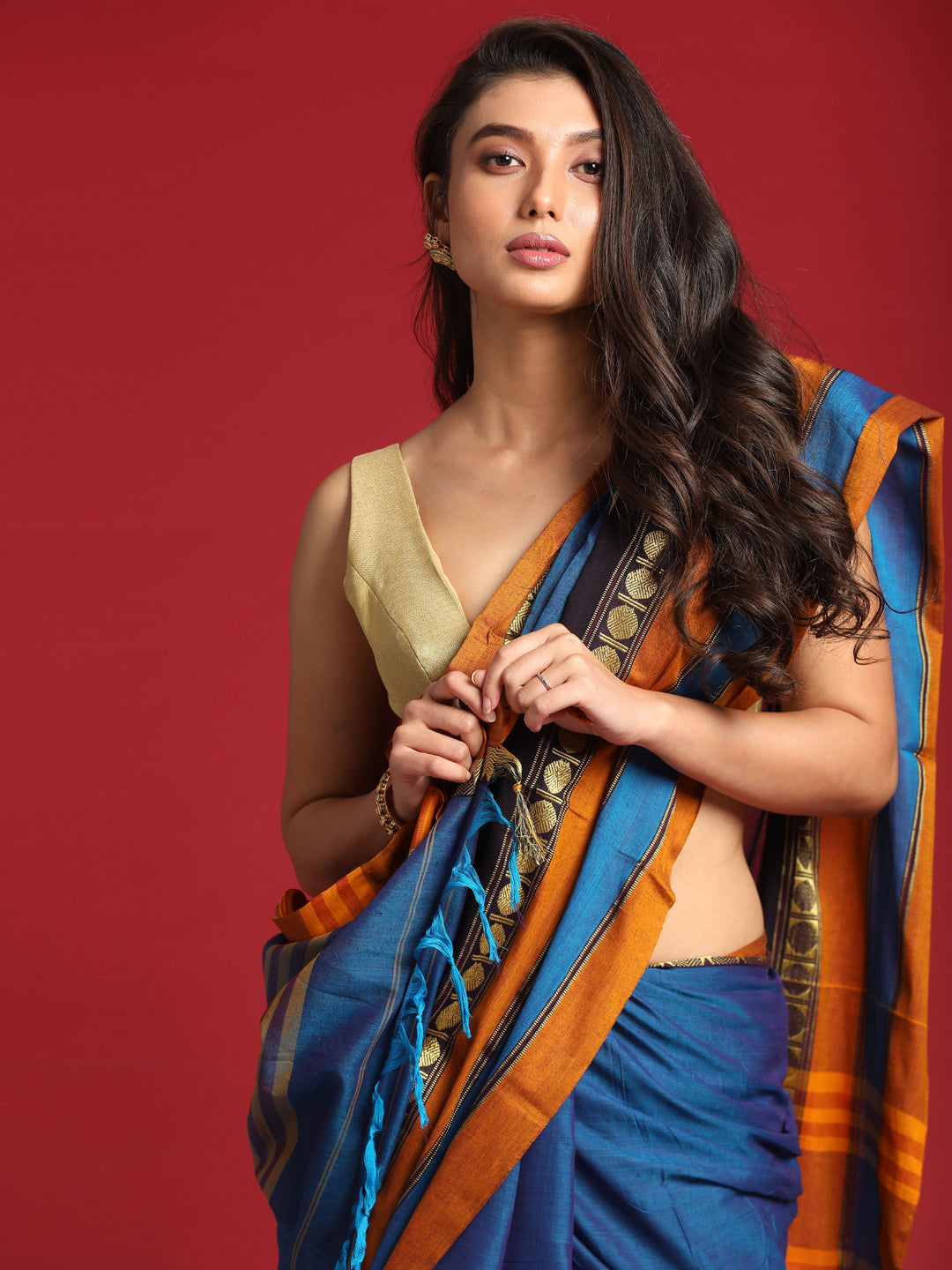 Indethnic Blue Solid Saree - View 1