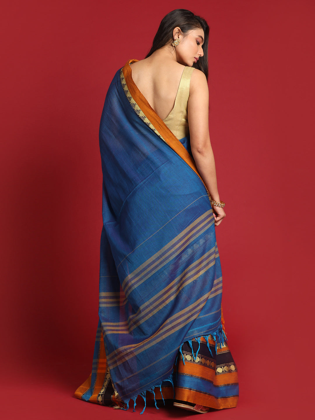 Indethnic Blue Solid Saree - View 3