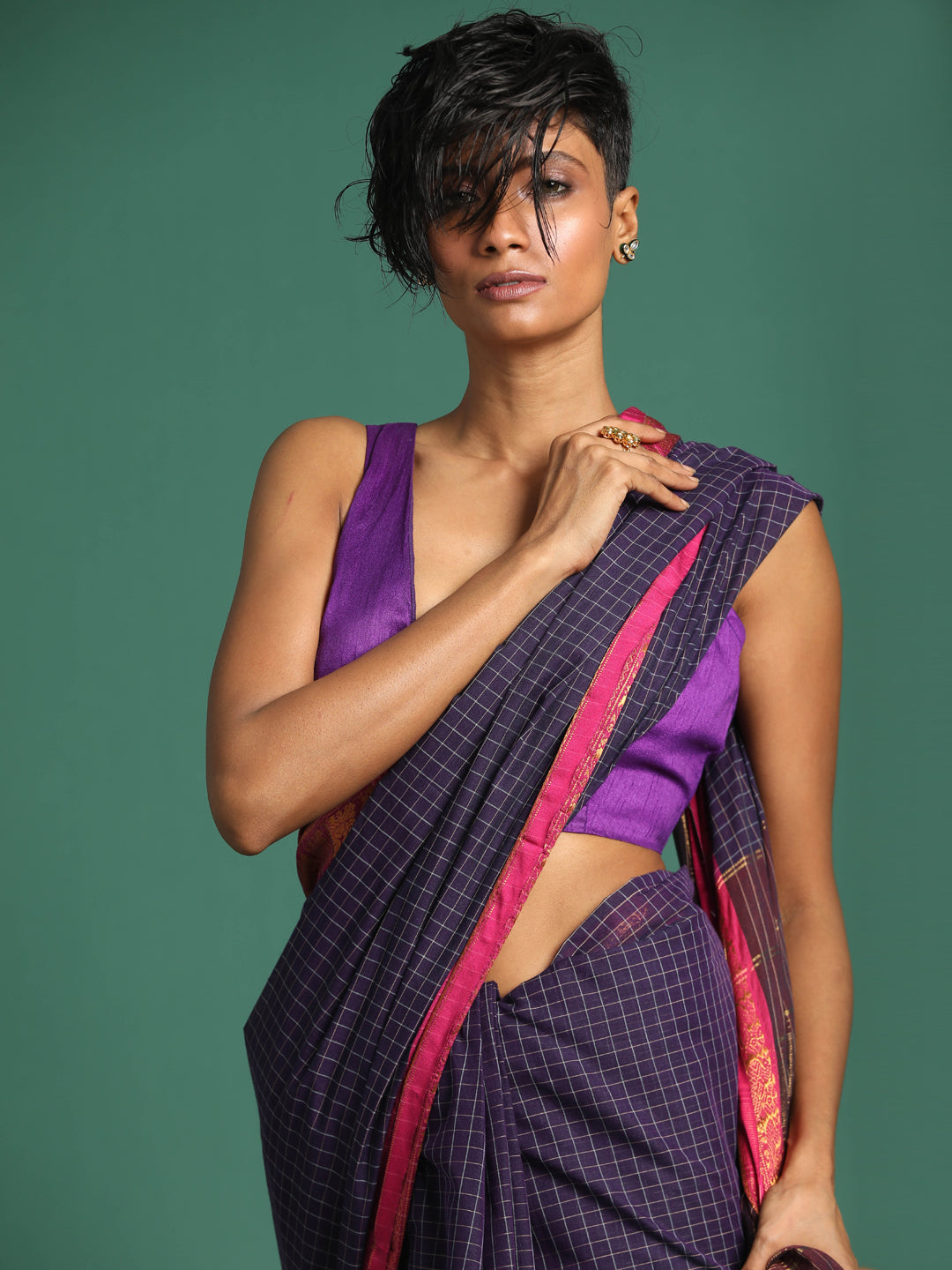 Indethnic Blue Checked Saree - View 1