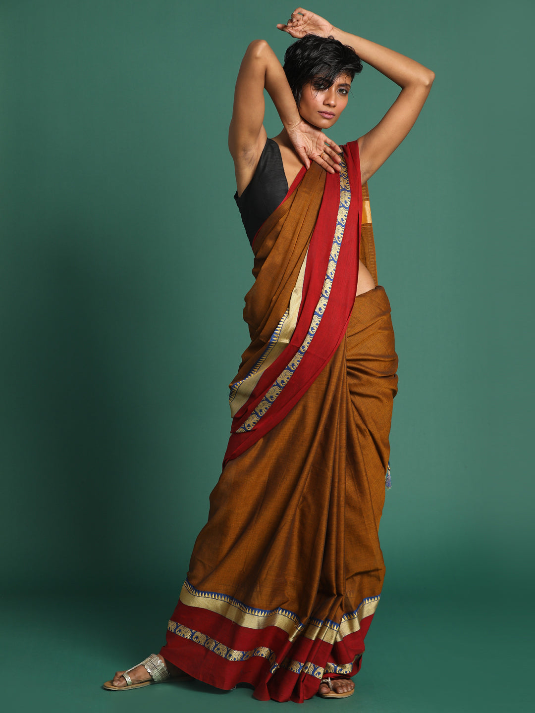 Indethnic Brown Solid Saree - View 2