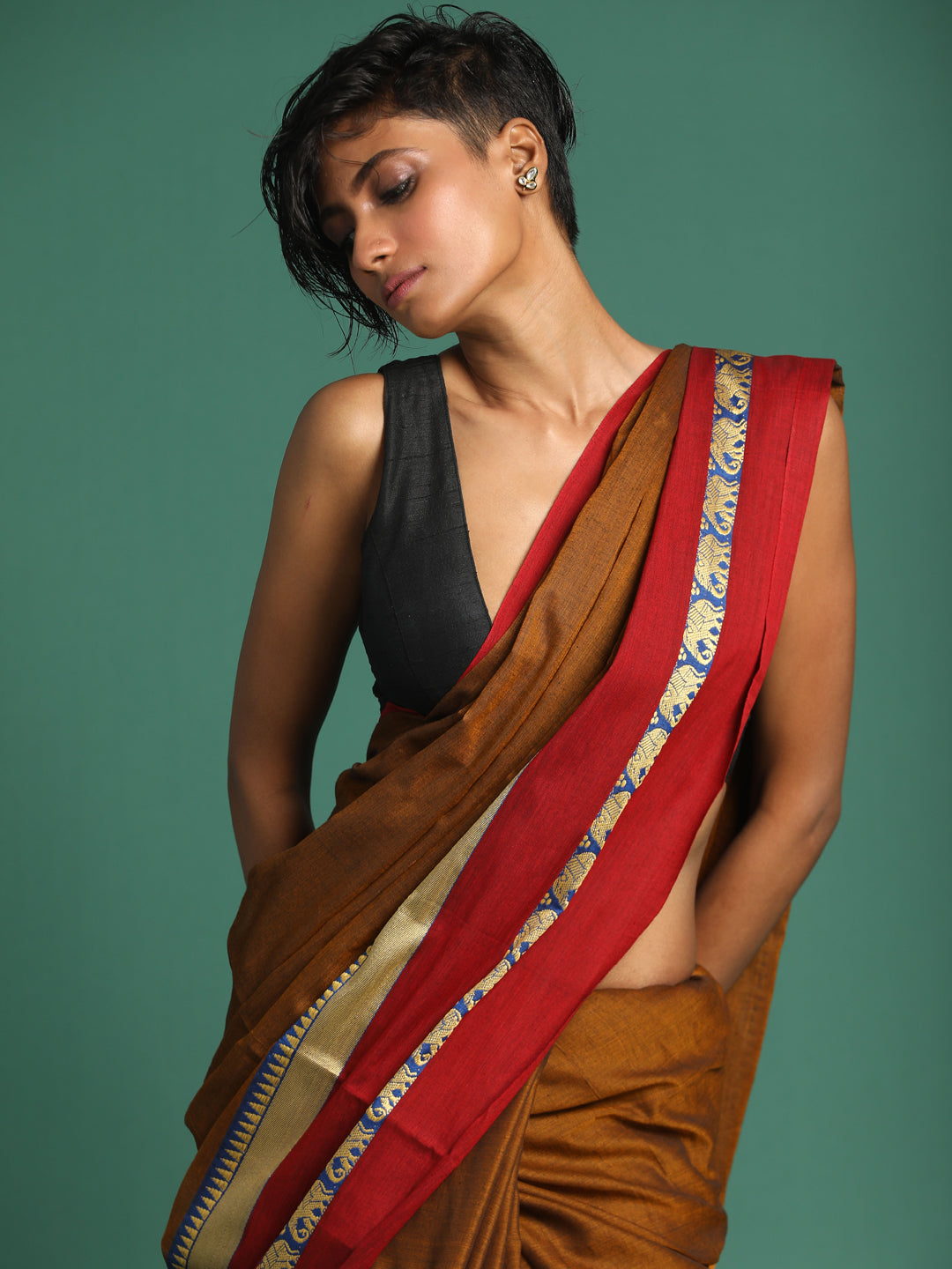 Indethnic Brown Solid Saree - View 1