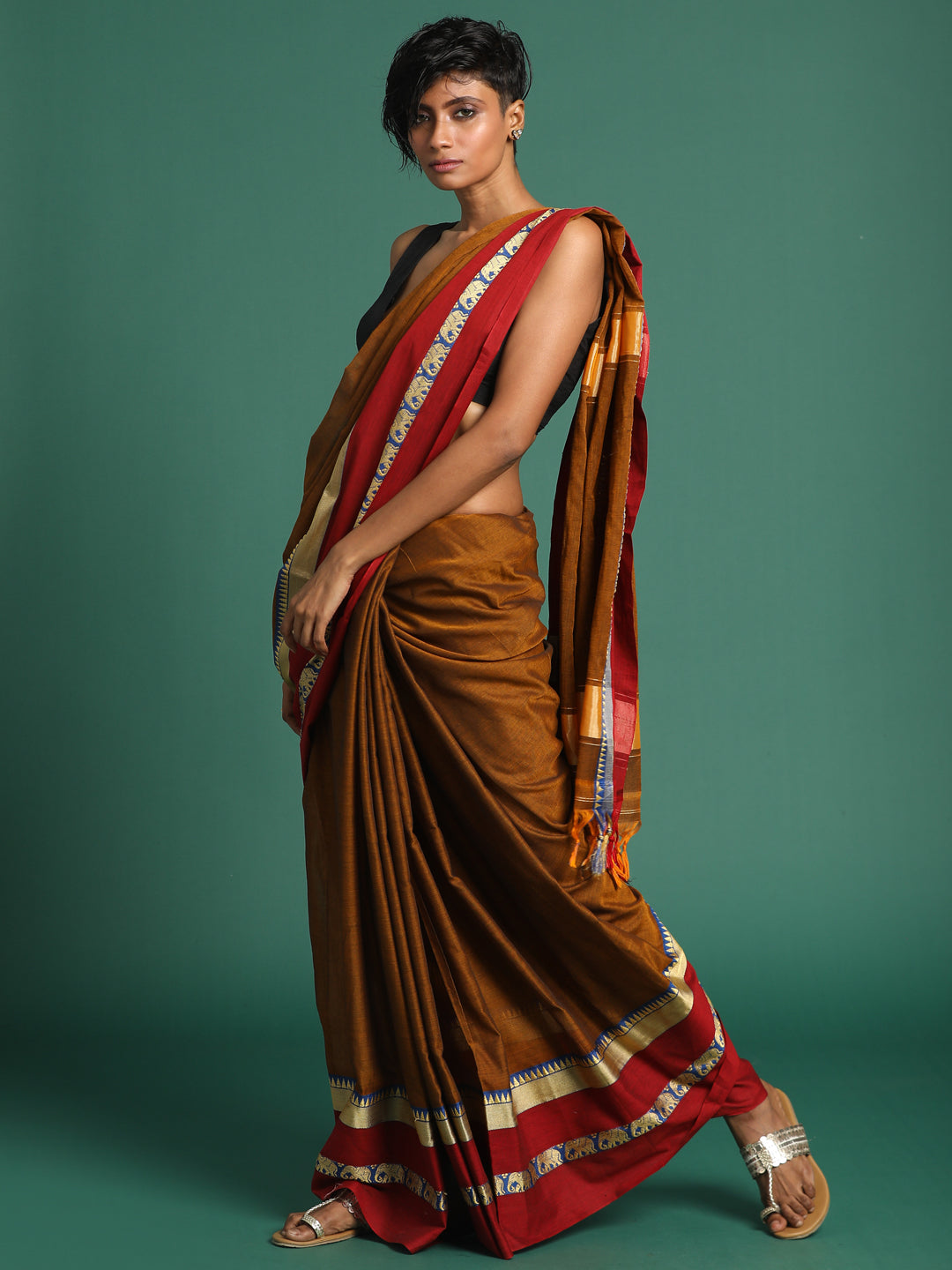 Indethnic Brown Solid Saree - View 3