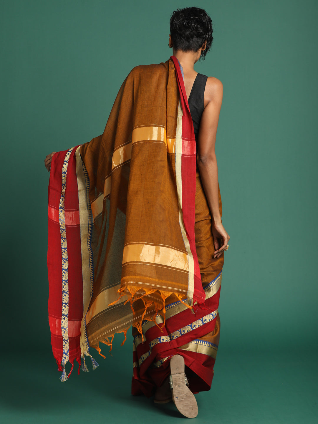 Indethnic Brown Solid Saree - View 3