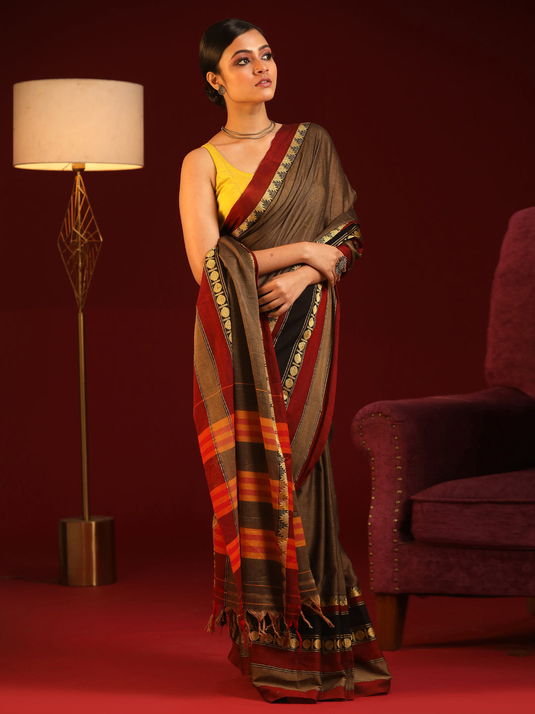 Indethnic Brown Solid Saree - View 2