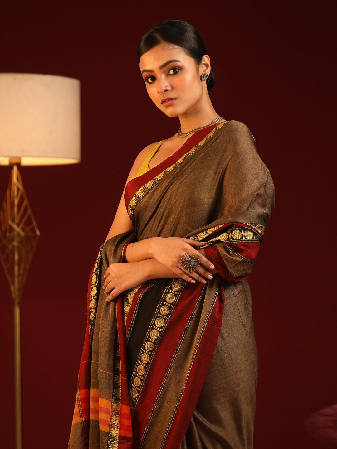 Indethnic Brown Solid Saree - View 1