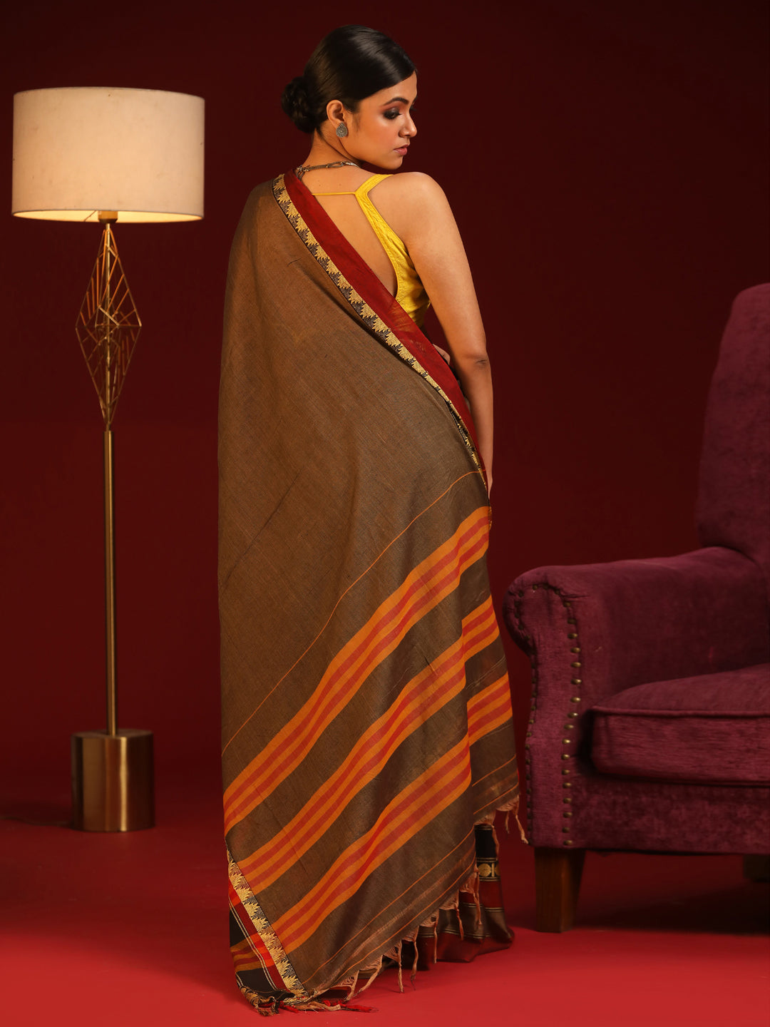 Indethnic Brown Solid Saree - View 3