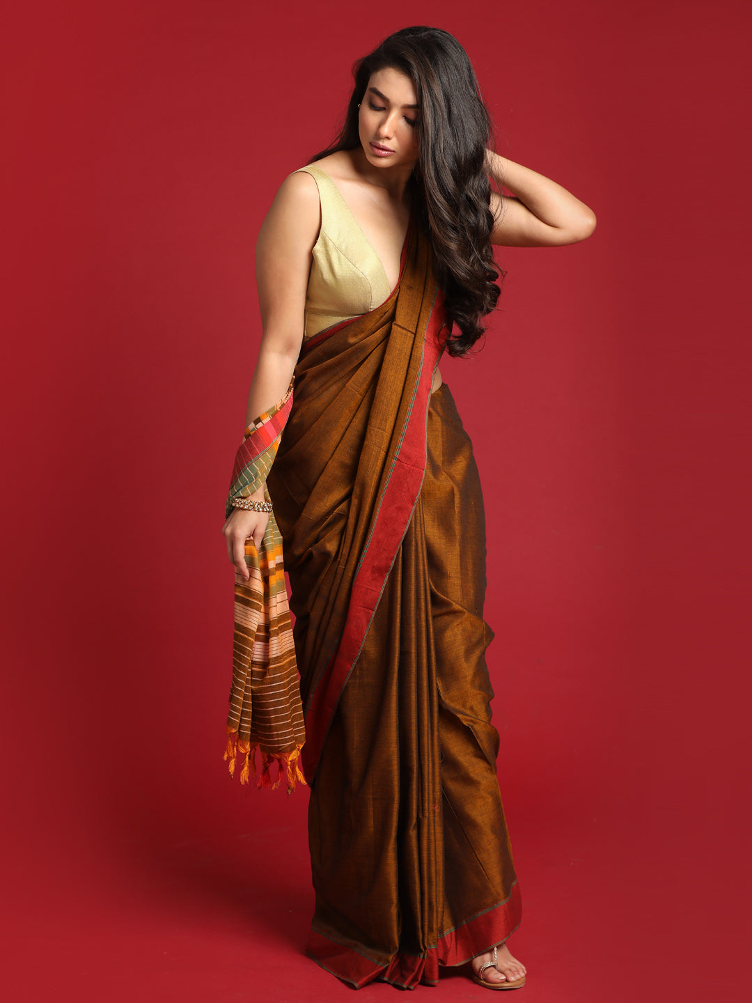 Indethnic Brown Solid Saree - View 2