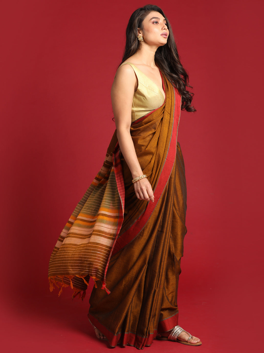 Indethnic Brown Solid Saree - View 3