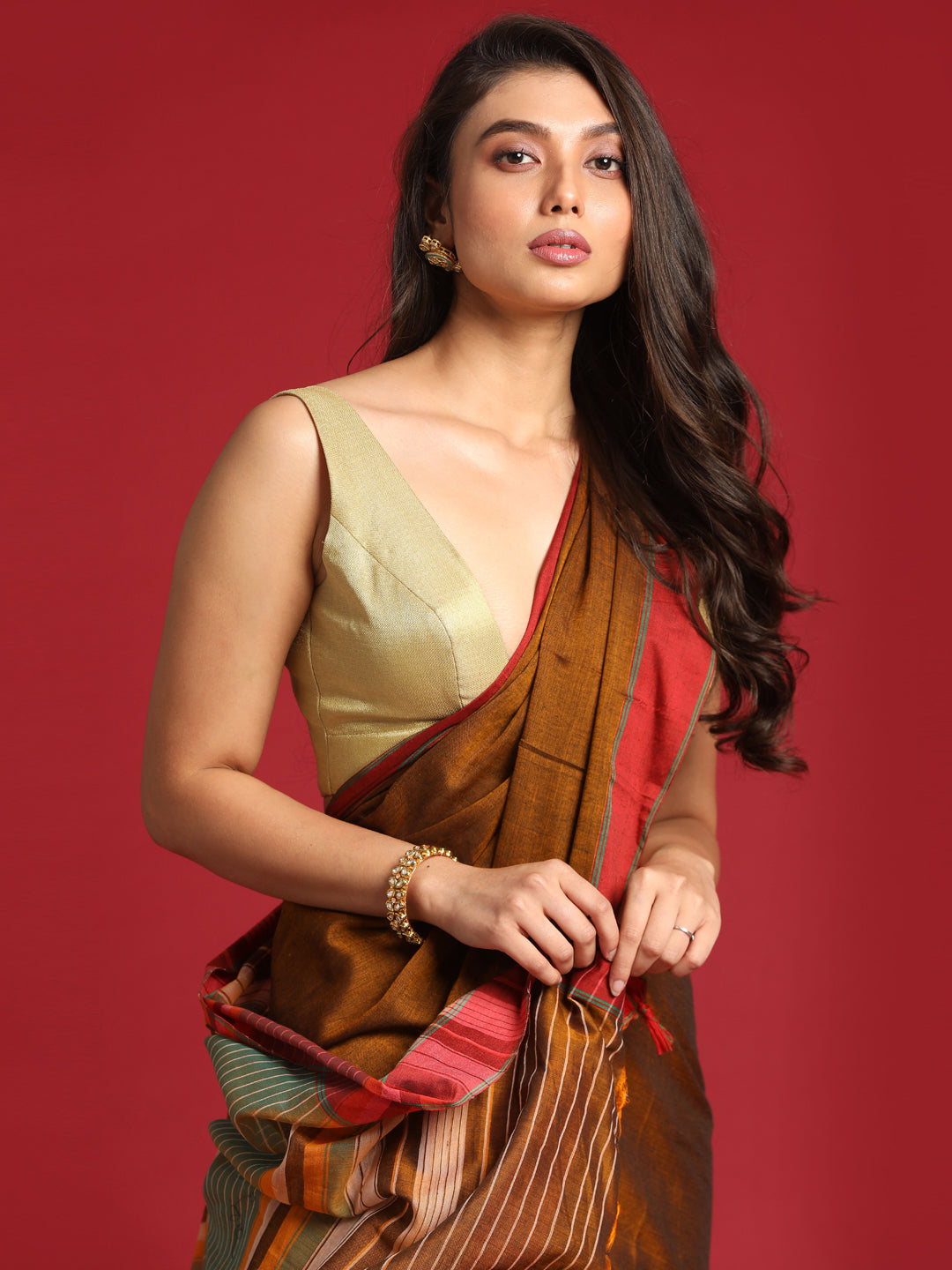 Indethnic Brown Solid Saree - View 1