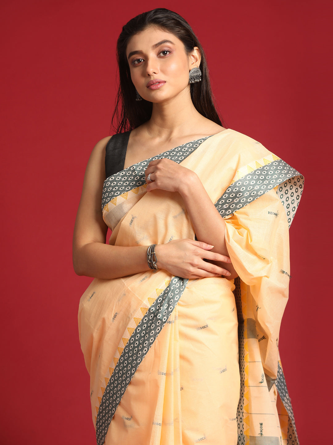 Indethnic Cream Woven Design Saree - View 1