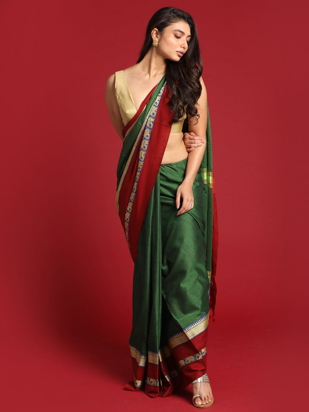 Indethnic Green Solid Saree - View 2