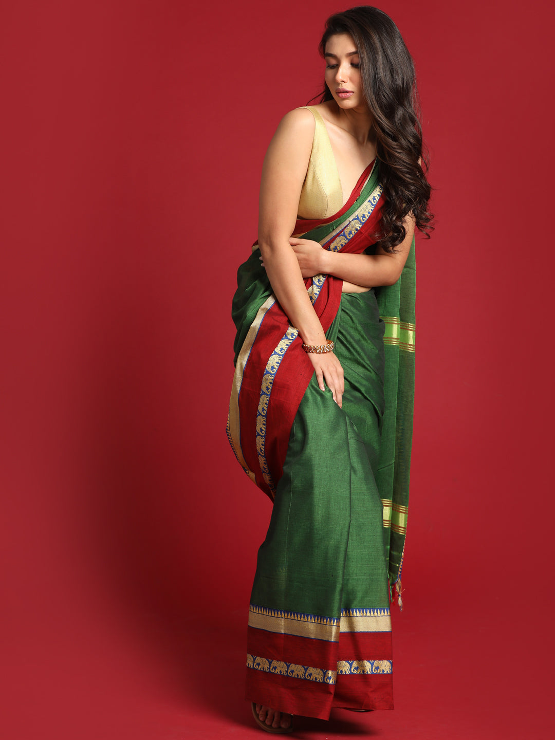 Indethnic Green Solid Saree - View 3