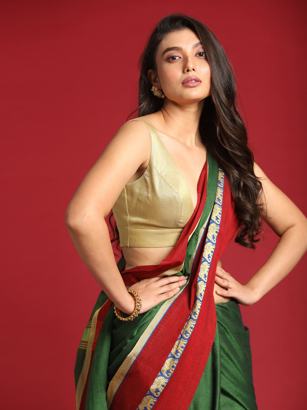 Indethnic Green Solid Saree - View 1