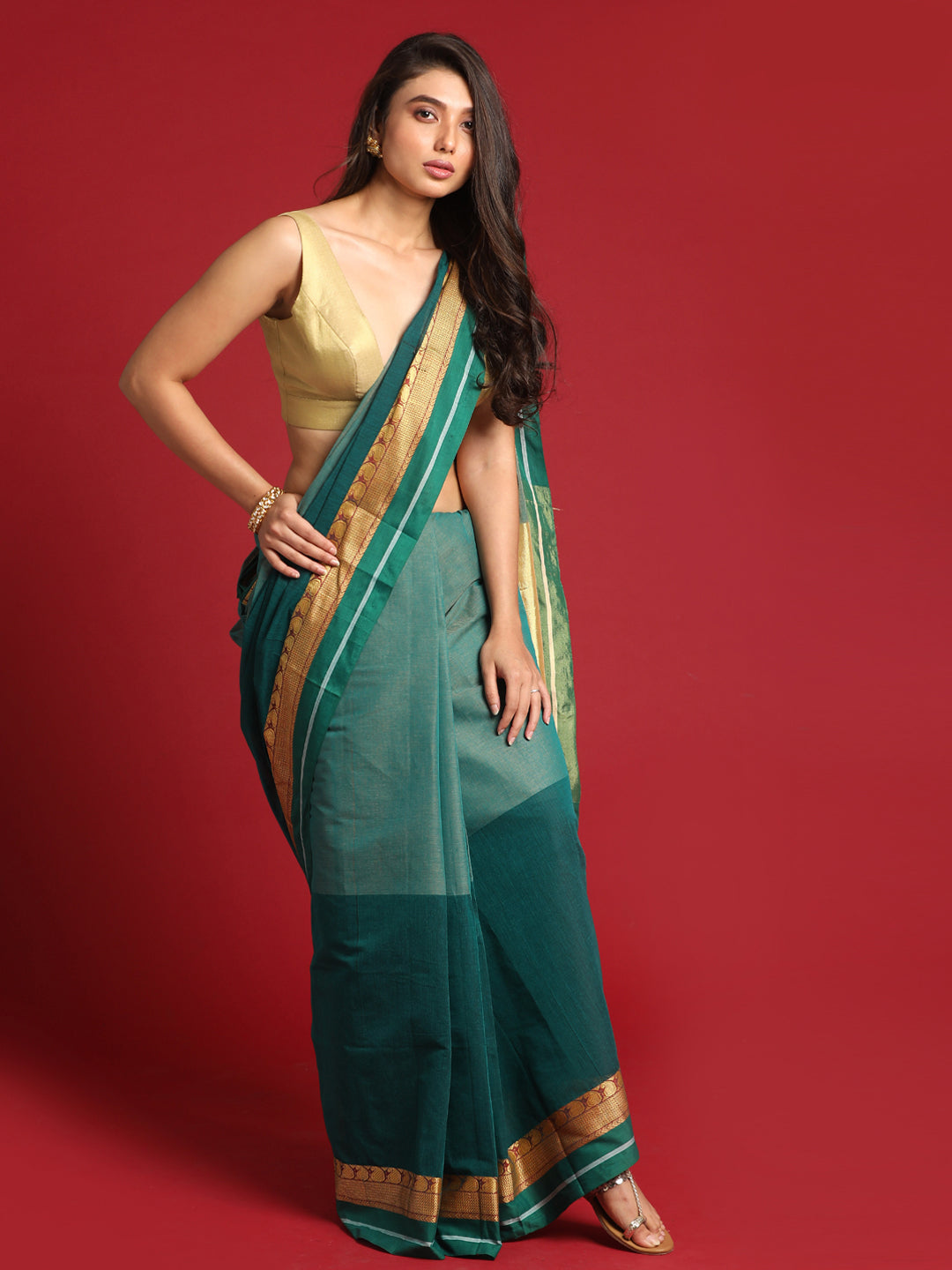 Indethnic Green Solid Saree - View 2