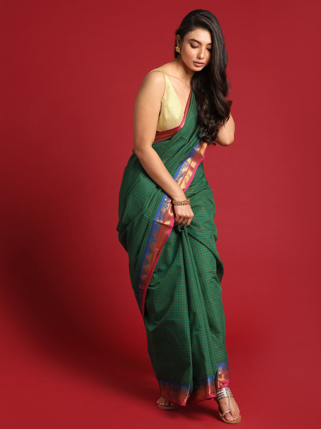 Indethnic Green Checked Saree - View 1