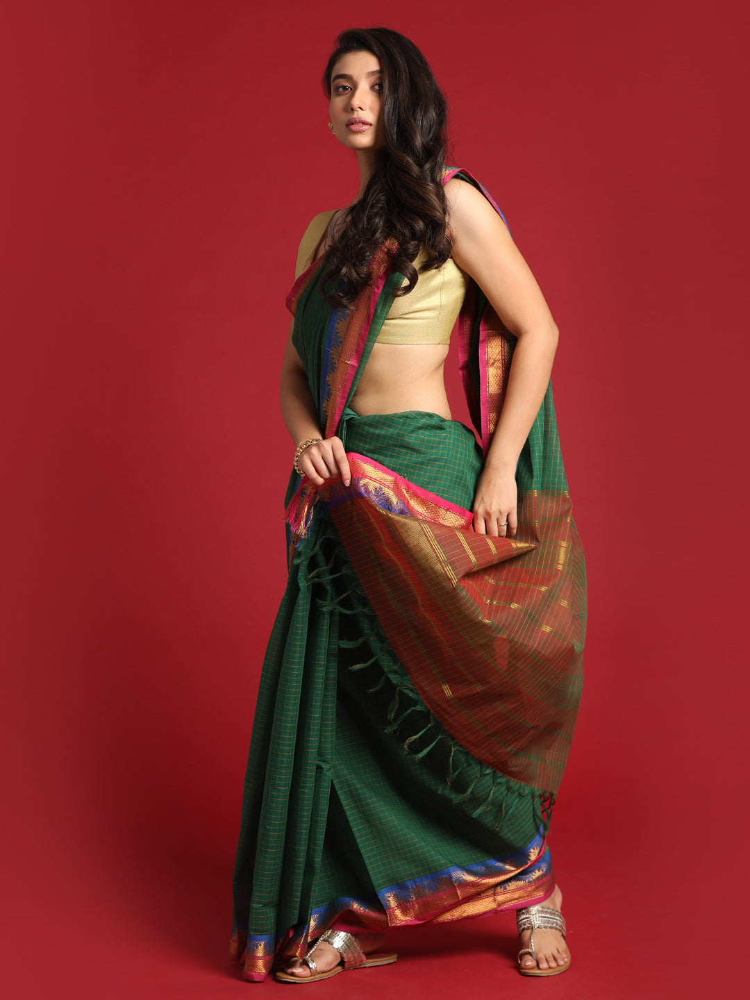 Indethnic Green Checked Saree - View 3