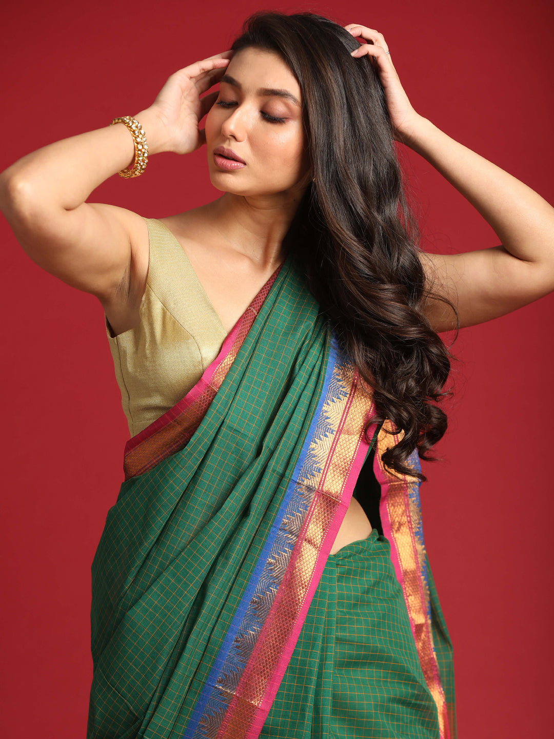 Indethnic Green Checked Saree - View 1