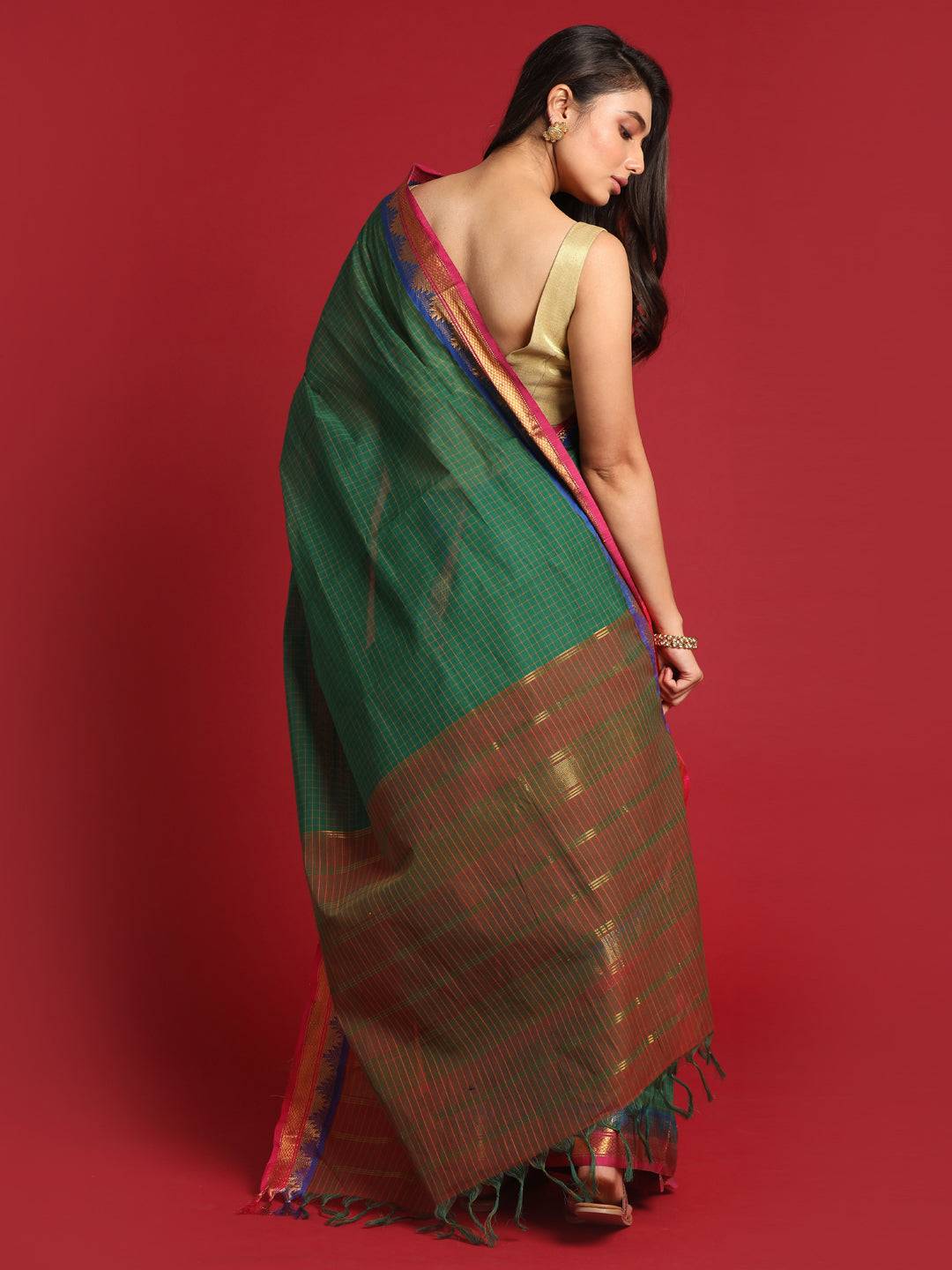 Indethnic Green Checked Saree - View 3