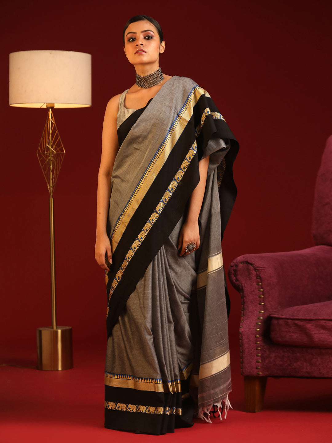 Indethnic Grey Solid Saree - View 2