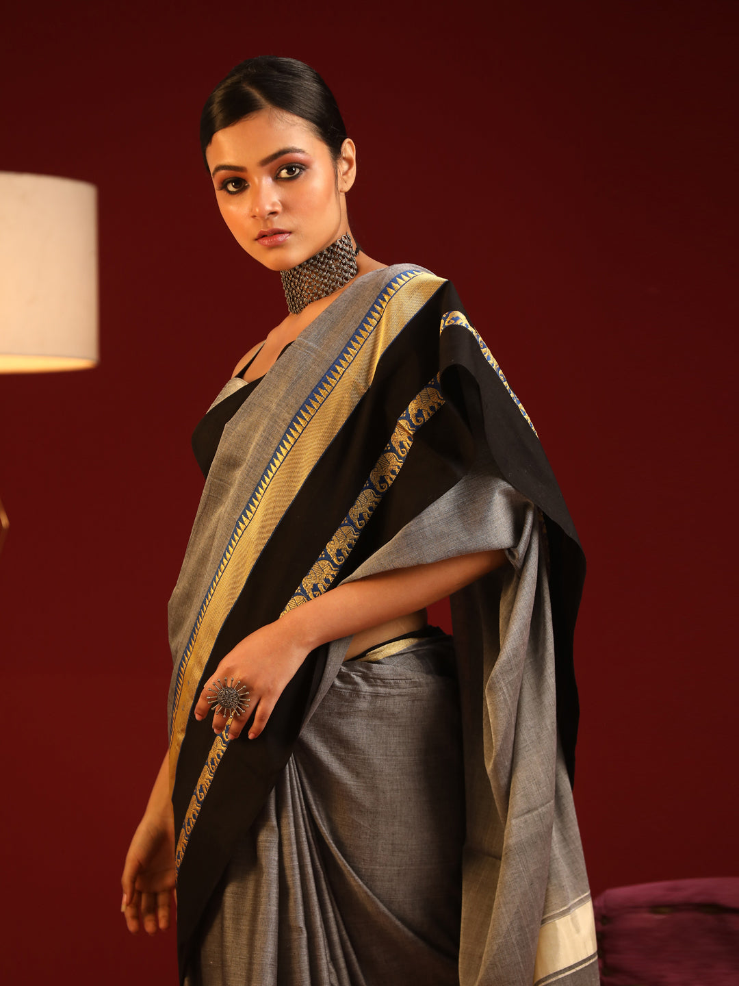 Indethnic Grey Solid Saree - View 1