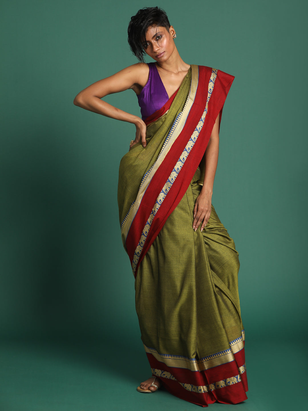 Indethnic Khaki Solid Saree - View 2