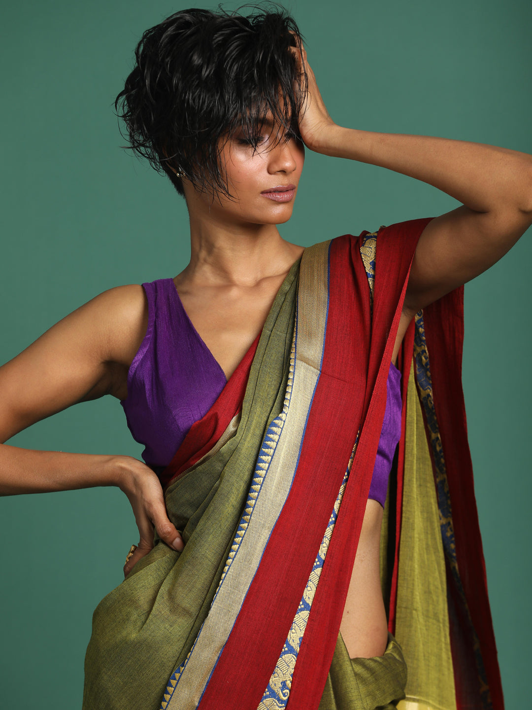 Indethnic Khaki Solid Saree - View 1