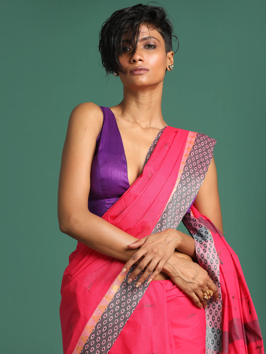 Indethnic Magenta Woven Design Saree - View 1