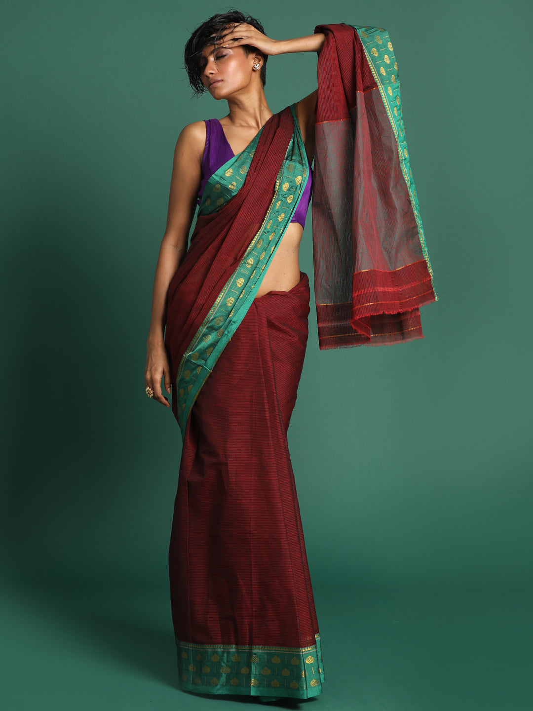 Indethnic Maroon Solid Saree - View 2