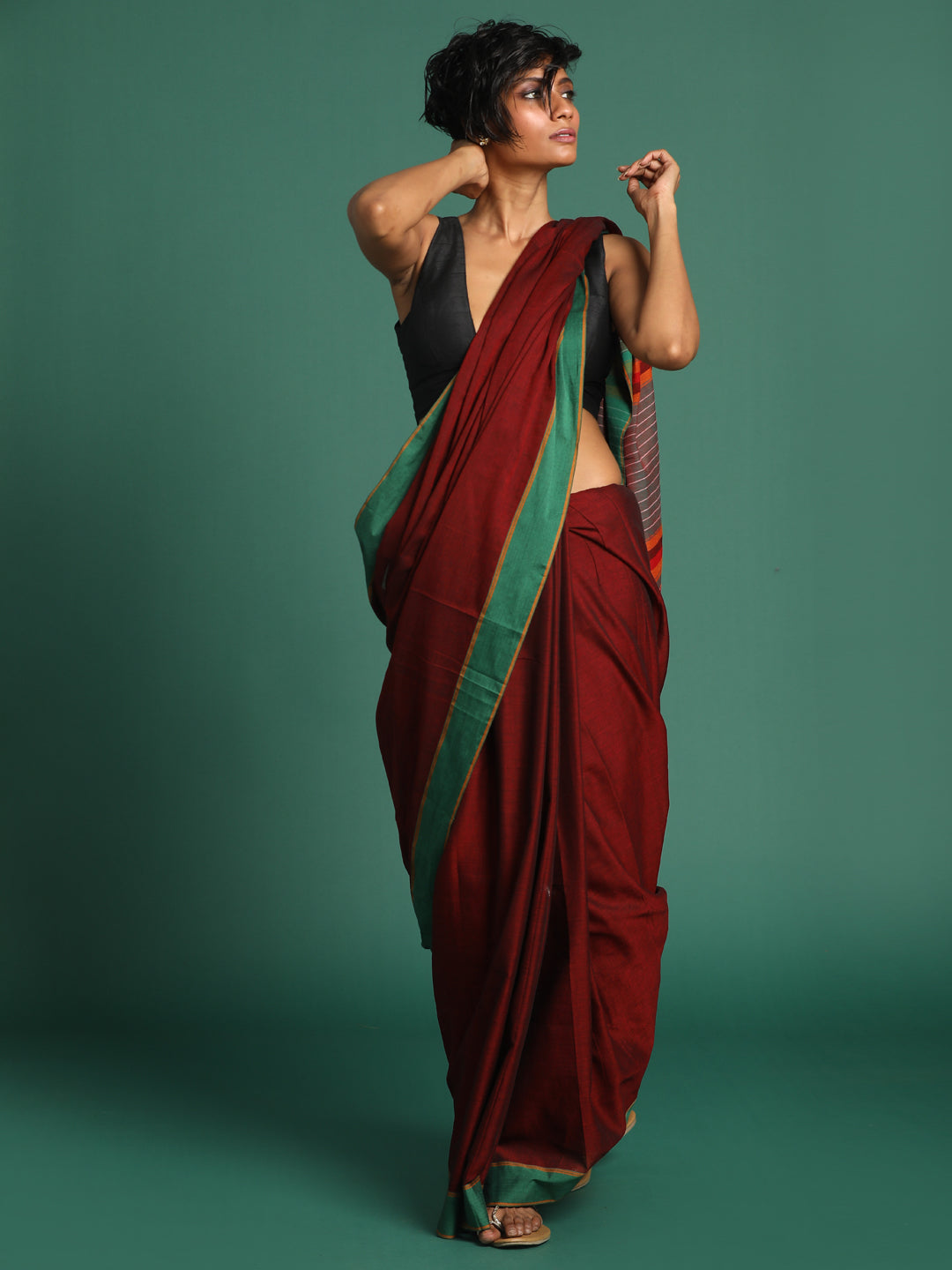 Indethnic Maroon Solid Saree - View 1