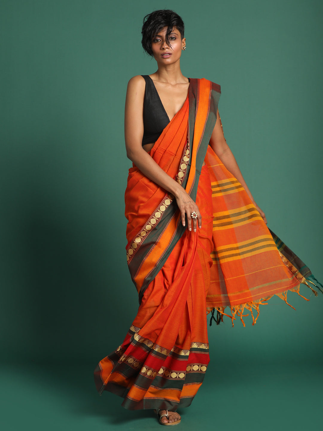 Indethnic Orange Solid Saree - View 2