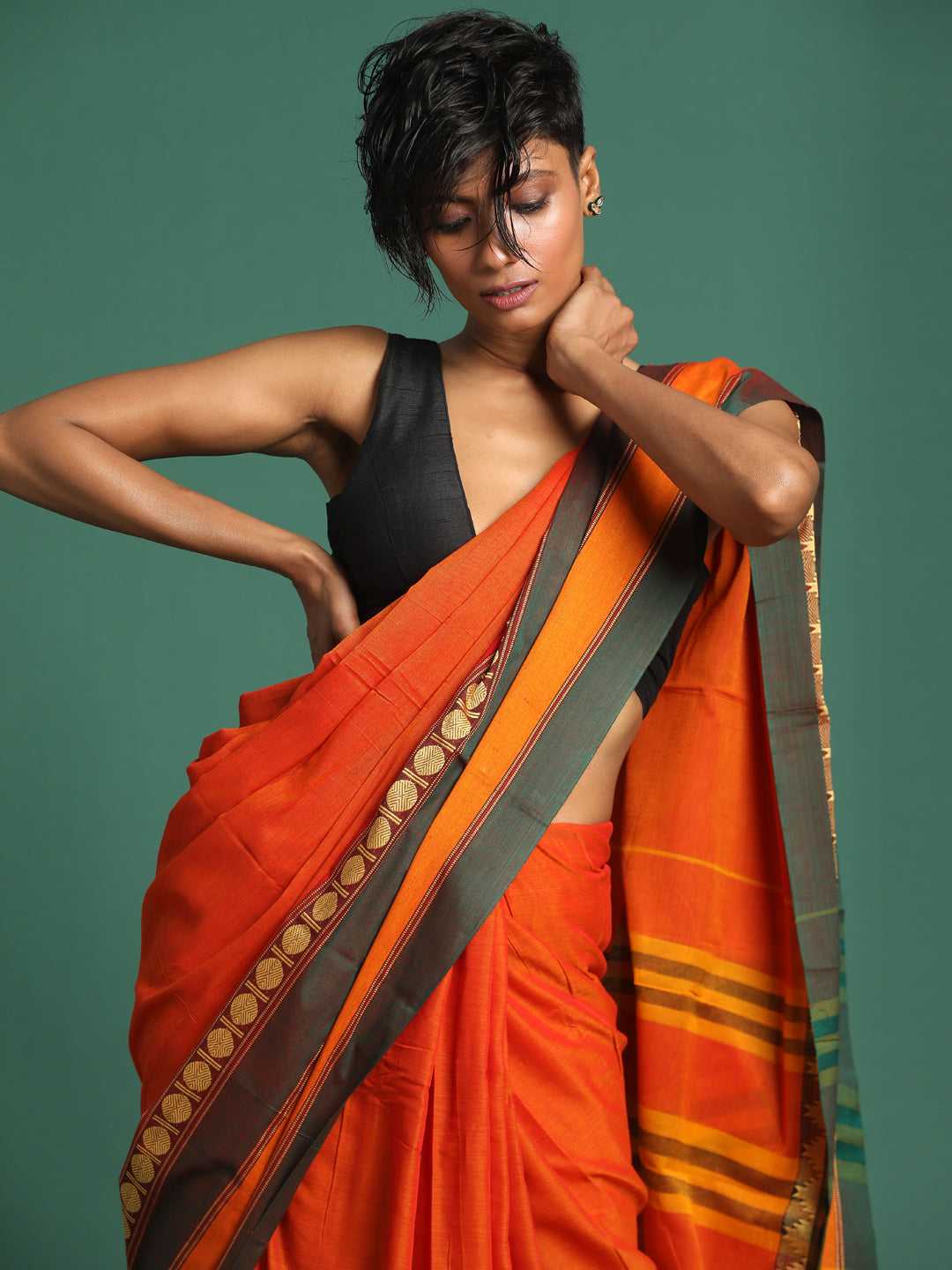 Indethnic Orange Solid Saree - View 1